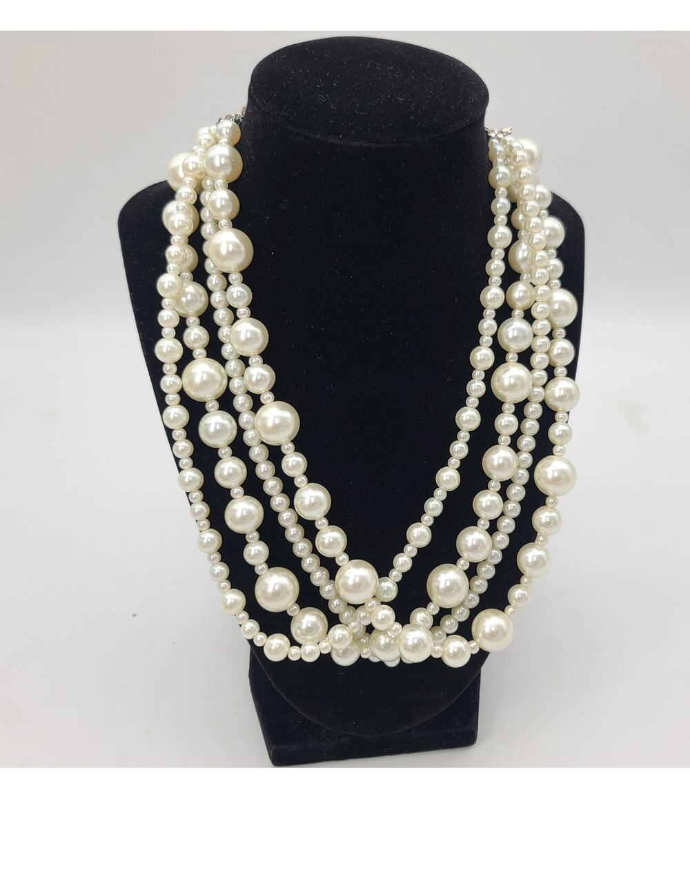 Layered Faux Pearl Statement Necklace Multi-Strand Elegant Design 16"-19" L